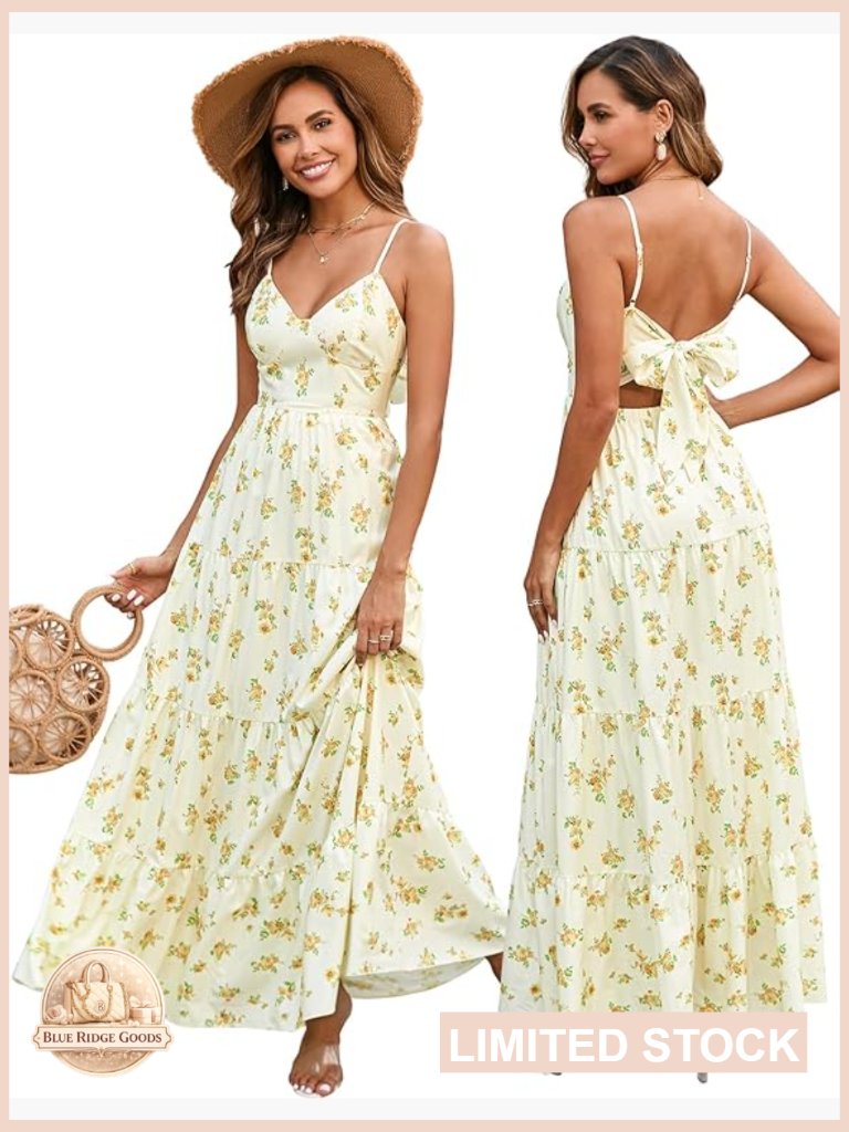 Casual Flowy Boho Maxi Sundress V Neck Spaghetti Strap Bow Tie Backless Beach
